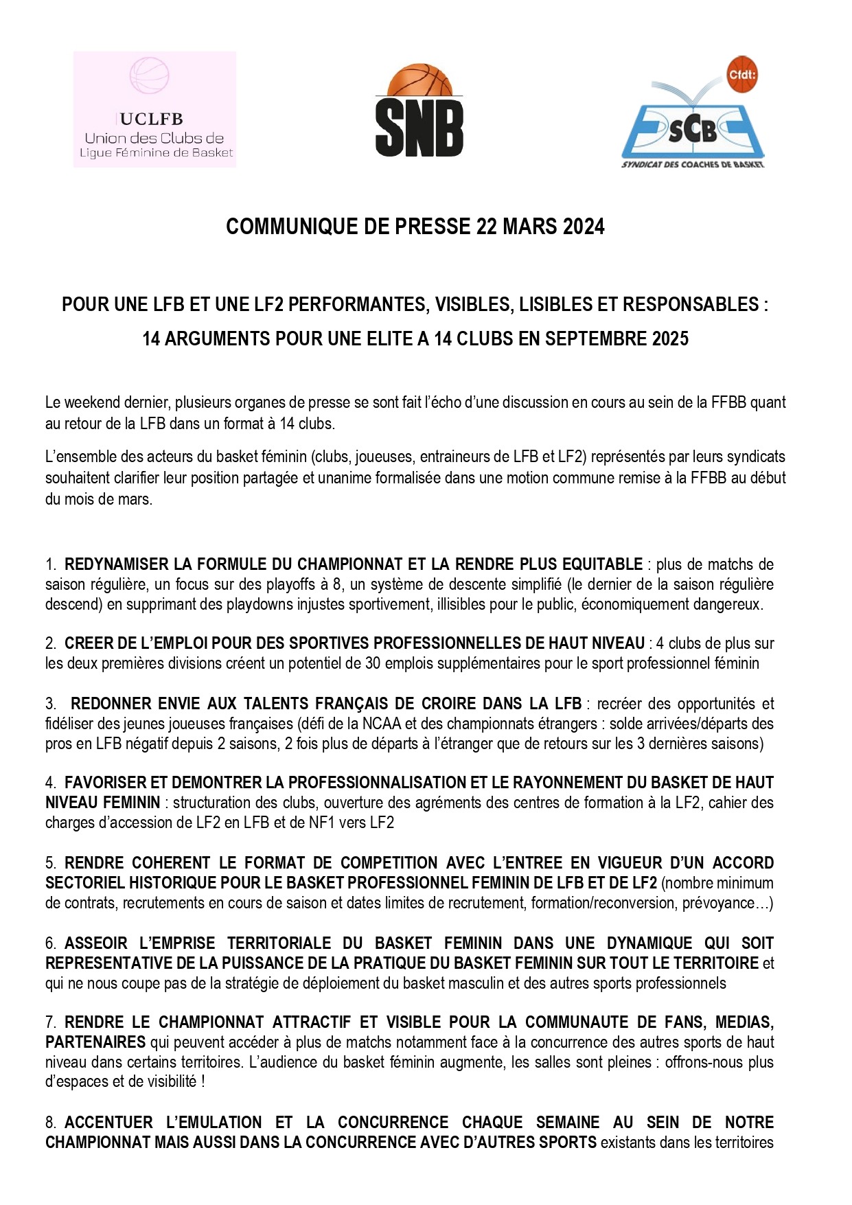 Le Syndicat des Coaches et l’Union des Clubs de LFB s’expriment concernant le passage à 14 équipes